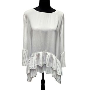 Simply Vera Semi Sheer White Pleated Ruffle Hem & Sleeve Blouse Size XL